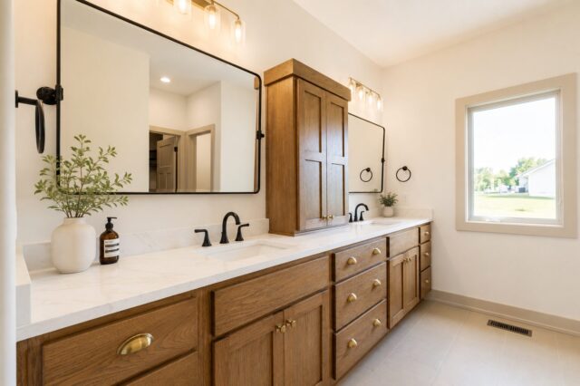 Luxury primary bathroom with a custom double vanity, quartz countertops, warm wood cabinetry, black framed mirrors, modern lighting, and designer fixtures in a custom home in Decatur, Indiana.