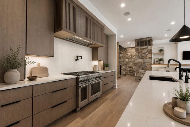 Modern custom kitchen with warm wood cabinetry, quartz countertops, designer range hood, professional gas range, and stone accent wall in luxury home.